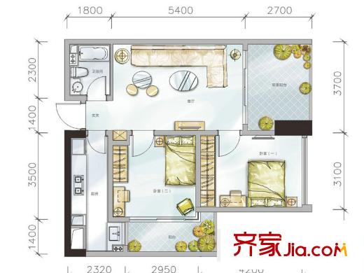 天府城商業(yè)1、2號樓SOHO F戶型【售罄】 2室2廳1衛(wèi)1廚