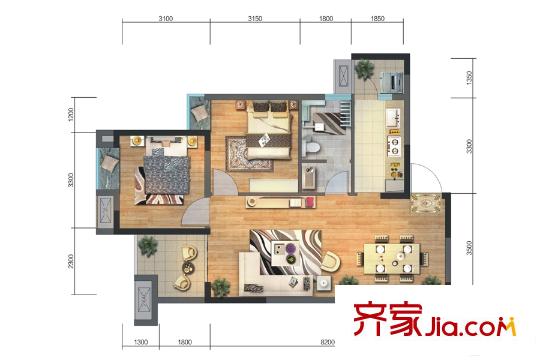 天府城二期5、6、7號樓標準層I戶型 2室2廳1衛(wèi)1廚
