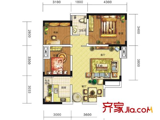 驛都城1期4、5棟A4戶型標(biāo)準(zhǔn)層 3室2廳1衛(wèi)1廚