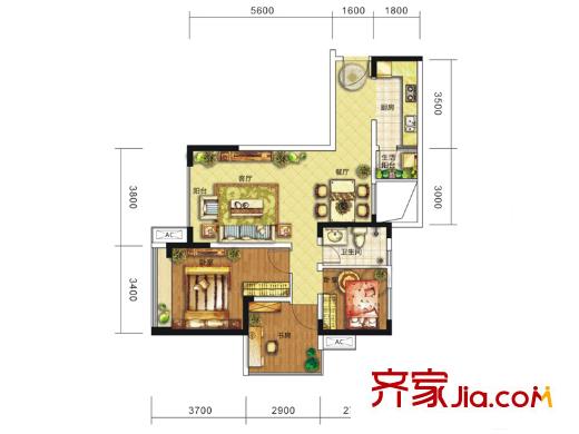 驛都城1期2、15棟C1戶型標(biāo)準(zhǔn)層 3室2廳1衛(wèi)1廚