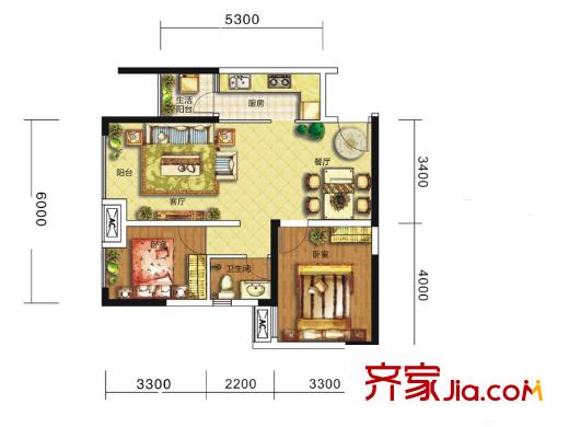 驛都城1期4、5棟A2戶型標(biāo)準(zhǔn)層 2室2廳1衛(wèi)1廚