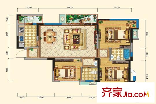 格林城12號樓C1戶型 3室2廳2衛(wèi)1廚