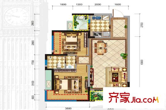 格林城10棟標準層D3戶型 2室2廳1衛(wèi)1廚