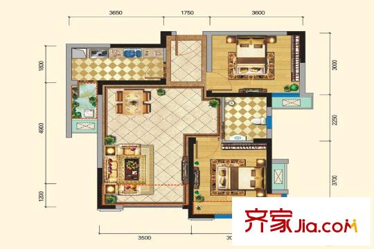 格林城12號樓C3戶型 2室2廳1衛(wèi)1廚
