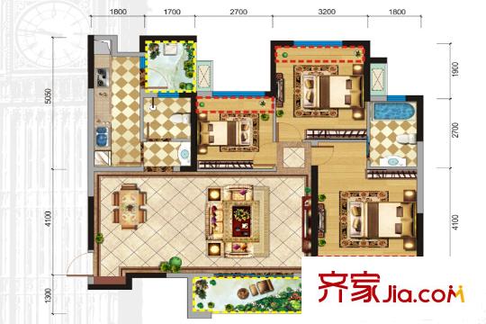 格林城10棟標(biāo)準(zhǔn)層D1戶型 3室2廳2衛(wèi)1廚