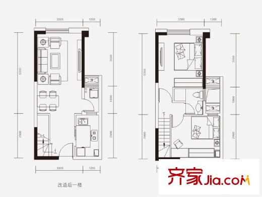 嘉年華青年城smart公寓一期2、3號(hào)樓LOFTS2戶型 2室2廳1衛(wèi)1廚