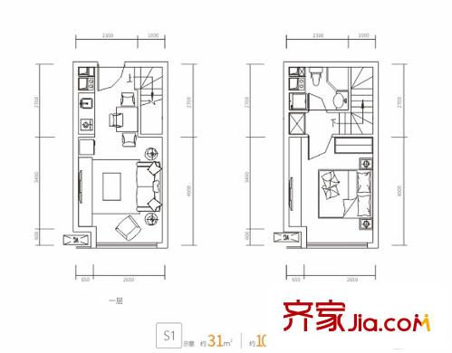 嘉年華青年城smart公寓6棟LOFT S1戶型 2室1廳1衛(wèi)1廚