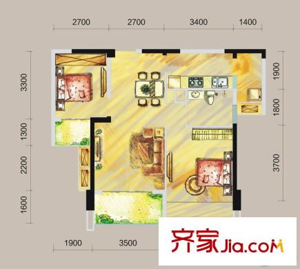 鄉(xiāng)林涵碧天下1棟標準層B2戶型 2室2廳1衛(wèi)1廚