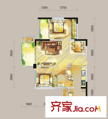 鄉(xiāng)林涵碧天下1、2、3、4棟標準層J2戶型 2室2廳1衛(wèi)1廚