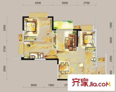 鄉(xiāng)林涵碧天下1、2、3、4棟標準層J3戶型 3室2廳1衛(wèi)1廚