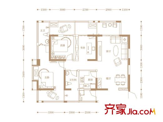 明信鷺灣一期3號樓標(biāo)準(zhǔn)層C3戶型（售罄） 2室2廳2衛(wèi)1廚