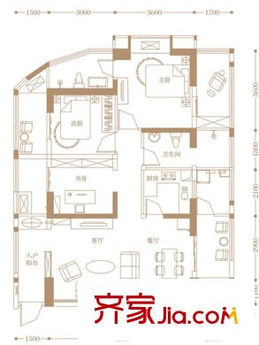 明信鷺灣一期1號樓標(biāo)準(zhǔn)層A1戶型 3室2廳1衛(wèi)1廚