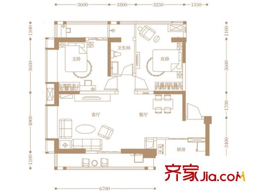 明信鷺灣一期1號樓標(biāo)準(zhǔn)層A2戶型（售罄） 2室2廳1衛(wèi)1廚