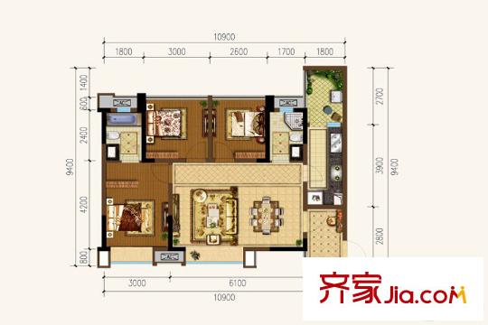 華匯天地2-4棟標(biāo)準(zhǔn)層F戶型 3室2廳2衛(wèi)1廚