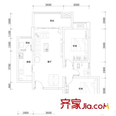 同創(chuàng)芳華美地一期4棟標(biāo)準(zhǔn)層A戶型 2室2廳1衛(wèi)1廚