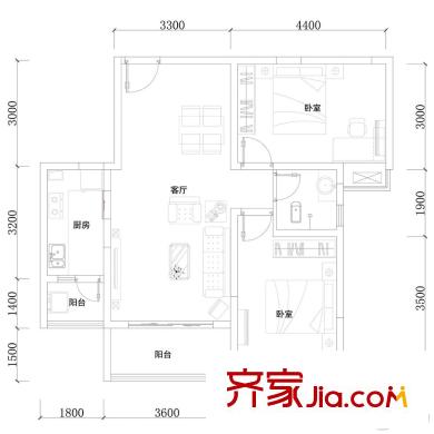 同創(chuàng)芳華美地一期4棟標(biāo)準(zhǔn)層E戶型 2室2廳1衛(wèi)1廚