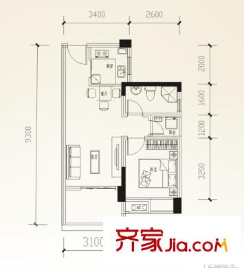 西悅城1期3、4、5棟標(biāo)準(zhǔn)層C戶型 1室2廳1衛(wèi)1廚