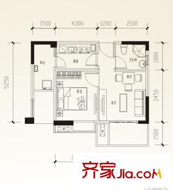 西悅城1期3、4、5棟標準層B戶型 1室1廳1衛(wèi)1廚