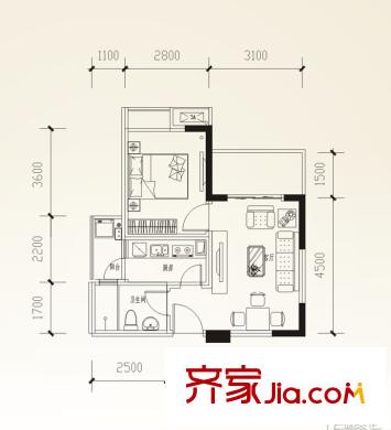 西悅城1期3、4、5棟標準層A戶型 1室1廳1衛(wèi)1廚
