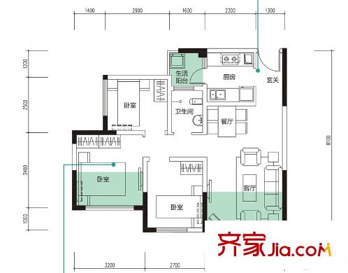 翔宇榜樣1、2、3、4棟標準層C3戶型 3室2廳1衛(wèi)1廚