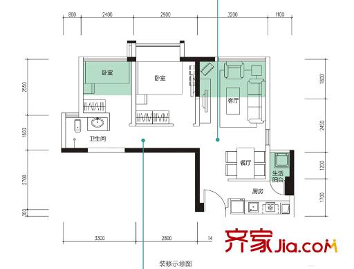 翔宇榜樣1、2、3、4棟標準層A2戶型 2室2廳1衛(wèi)1廚