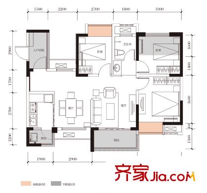 綠地城一期6/17棟二期15棟標(biāo)準(zhǔn)層C4戶型 3室2廳1衛(wèi)1廚