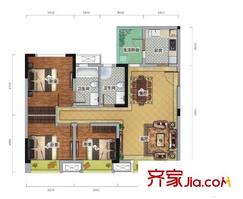 瑞升城北橡樹林1棟標(biāo)準(zhǔn)層F1戶型 3室2廳2衛(wèi)1廚