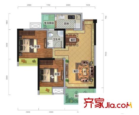 瑞升城北橡樹林1棟標(biāo)準(zhǔn)層C戶型 2室2廳1衛(wèi)1廚