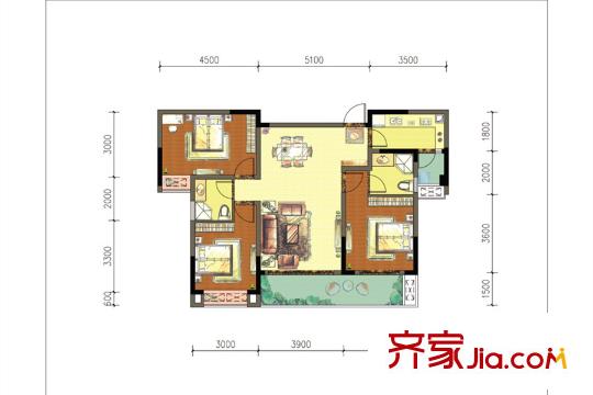 翡翠灣源著二期15、16、17、18號(hào)樓B2戶型 3室2廳2衛(wèi)1廚