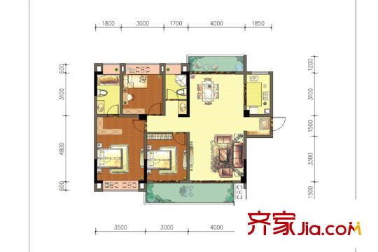 翡翠灣源著二期15、16、17、18號(hào)樓B1戶型 3室2廳2衛(wèi)1廚
