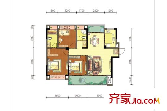 翡翠灣源著一期1、3號(hào)樓D1戶型 3室2廳2衛(wèi)1廚