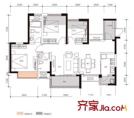 綠地城一期2棟二期15棟標(biāo)準(zhǔn)層C2戶型 3室2廳2衛(wèi)1廚