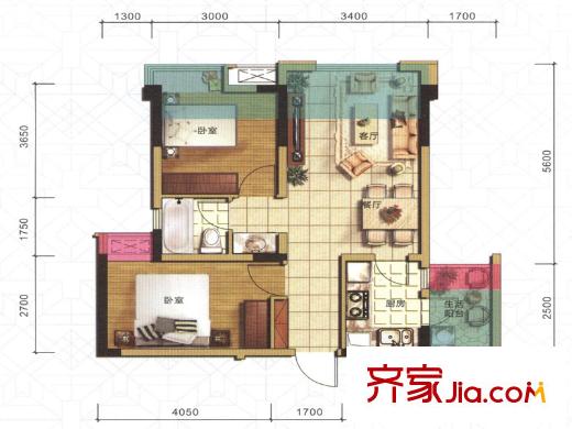 海亮樾金沙一期1-4號樓標準層F戶型 2室2廳1衛(wèi)1廚
