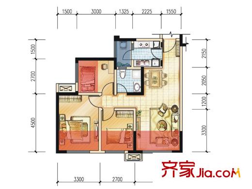 藍(lán)光幸福滿庭二期6.7.8.9.12棟標(biāo)準(zhǔn)層A1戶型（售罄） 3室2廳1衛(wèi)1廚