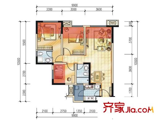 藍(lán)光幸福滿庭二期6.7.8.9.12棟標(biāo)準(zhǔn)層A5戶型（售罄） 3室2廳2衛(wèi)1廚