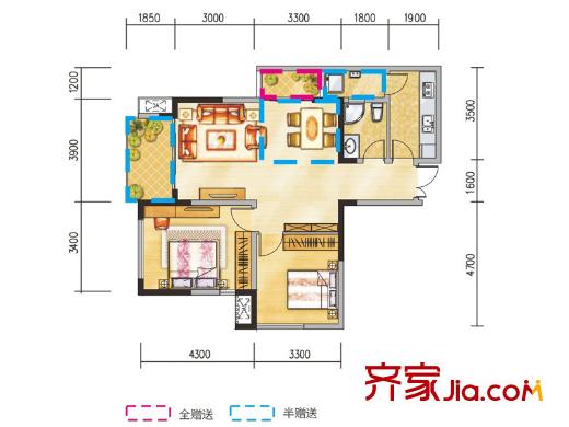 天府城一期2號樓標準層B戶型【售罄】 2室2廳1衛(wèi)1廚