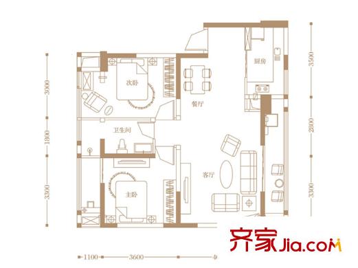 明信鷺灣一期3號樓標(biāo)準(zhǔn)層C4戶型（售罄） 2室2廳2衛(wèi)1廚