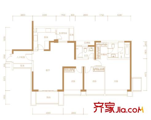 吉寶凌云峰閣6棟F2戶型標(biāo)準(zhǔn)層 3室2廳2衛(wèi)1廚
