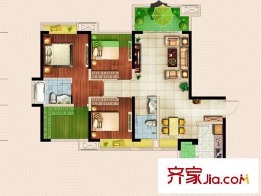 中鐵城錦南匯一期1號樓、3號樓標(biāo)準(zhǔn)層B戶型 3室2廳2衛(wèi)1廚