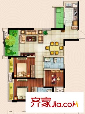 中鐵城錦南匯一期1號樓、3號樓標(biāo)準(zhǔn)層C2戶型 3室2廳2衛(wèi)1廚