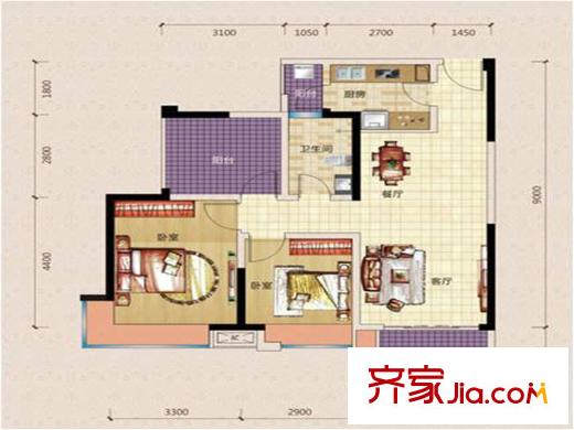 保利城三期4號樓標(biāo)準(zhǔn)層C3戶型 2室1廳1衛(wèi)1廚