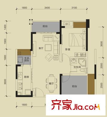 保利城二期1號樓C1戶型（售罄） 1室2廳1衛(wèi)1廚