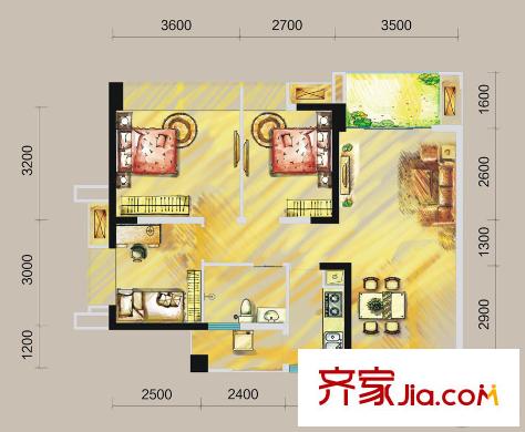 鄉(xiāng)林涵碧天下1棟標準層B1戶型 3室2廳1衛(wèi)1廚
