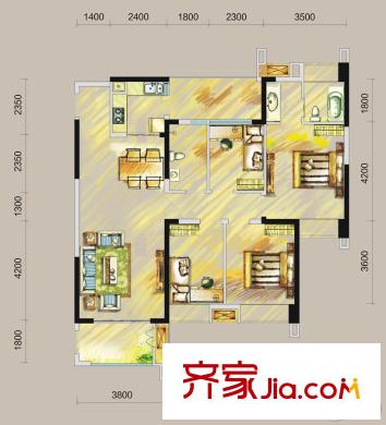 鄉(xiāng)林涵碧天下1棟標準層S2戶型 4室2廳2衛(wèi)1廚