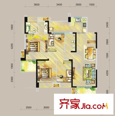 鄉(xiāng)林涵碧天下1棟標準層S1戶型 4室2廳2衛(wèi)1廚