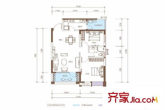 南湖濱江17棟4-26層B1戶型 2室2廳1衛(wèi)1廚