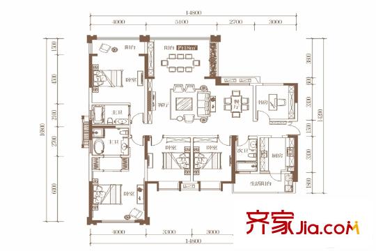 南湖濱江14、15棟5-27層D1戶型 5室3廳3衛(wèi)1廚