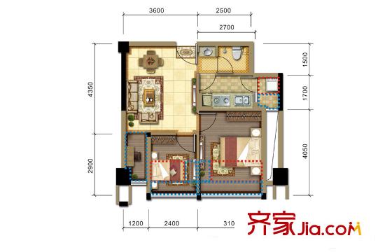潤揚(yáng)雙鐵廣場1期2棟6棟標(biāo)準(zhǔn)層戶型圖H1型 1室1廳1衛(wèi)1廚