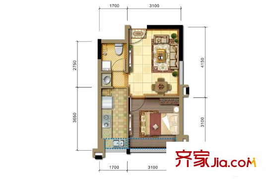 潤揚(yáng)雙鐵廣場1期6棟2棟標(biāo)準(zhǔn)層戶型圖C2型 1室2廳1衛(wèi)1廚
