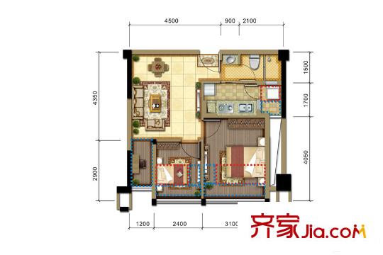 潤揚(yáng)雙鐵廣場1期1棟2棟標(biāo)準(zhǔn)層戶型圖B3型 2室2廳1衛(wèi)1廚